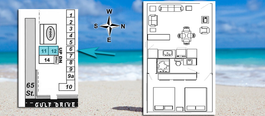 Rooms 11 and 12 - Deluxe Beach Front One Bedroom Apartment- layout and location map