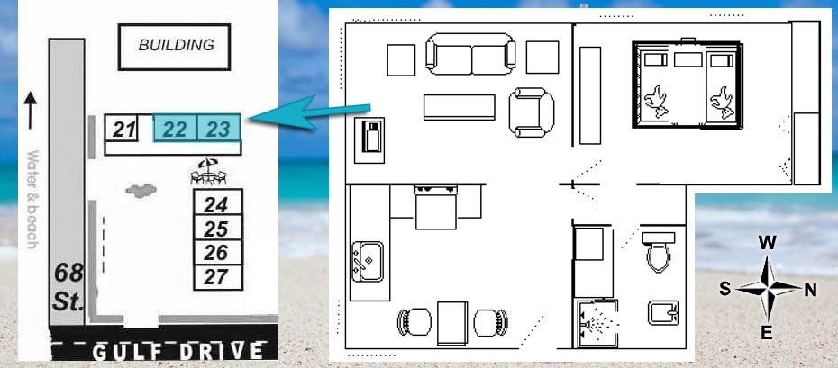 Apartments 22 and 23 - Beachside Cottages at Tropical Breeze Club layout of room 22, 23